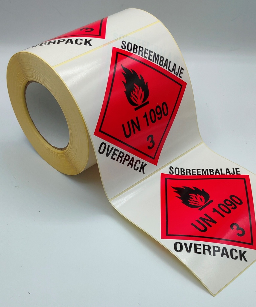 ETIQUETA BOBINA 150X150 MM CLASE 3 + UN 1090 + SOBREEMBALAJE/OVERPACK - Unidades